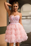 Corset A-Line Tiered Pink Homecoming Dress With Appliques