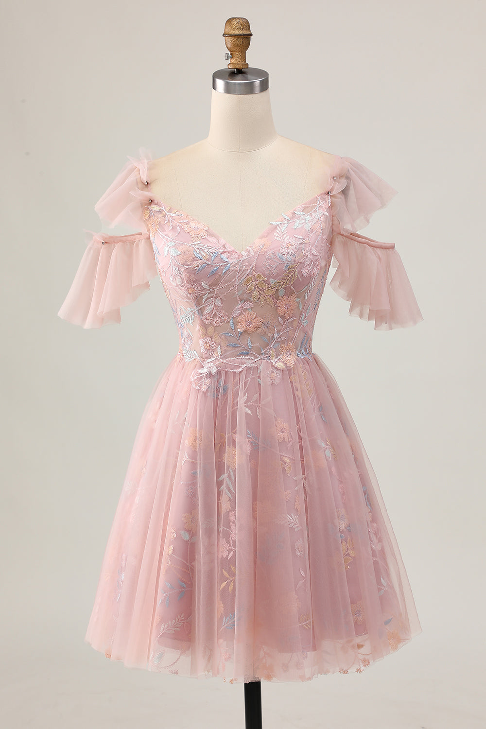 Floral Blush Cold Shoulder A-Line Homecoming Dress with Appliques