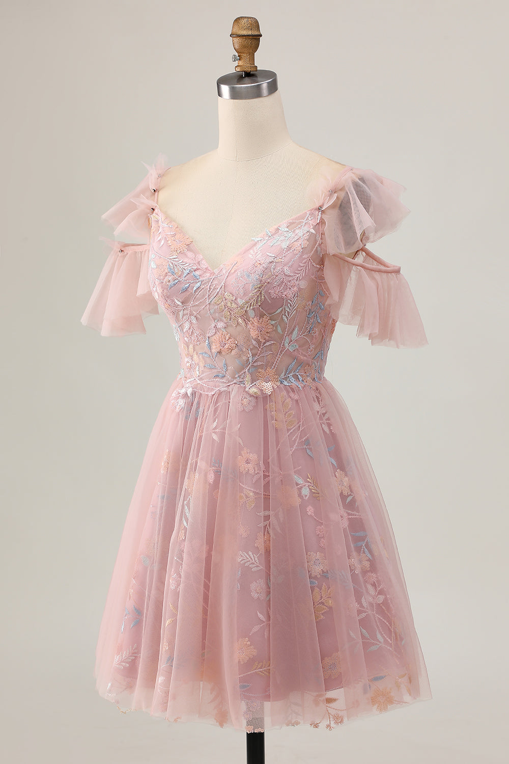 Floral Blush Cold Shoulder A-Line Homecoming Dress with Appliques