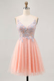 Blush Sequin A Line Homecoming Dress with Appliques