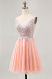 Blush Sequin A Line Homecoming Dress with Appliques