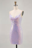Lilac Bodycon Spaghetti Straps Sequin Homecoming Dress