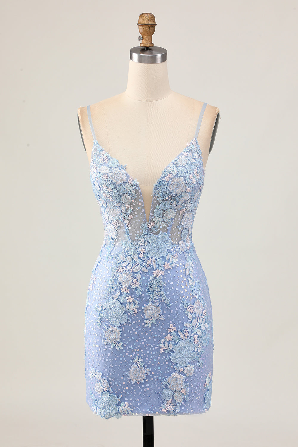 Floral Light Blue Bodycon Homecoming Dress with Appliques