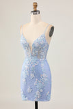 Floral Light Blue Bodycon Homecoming Dress with Appliques