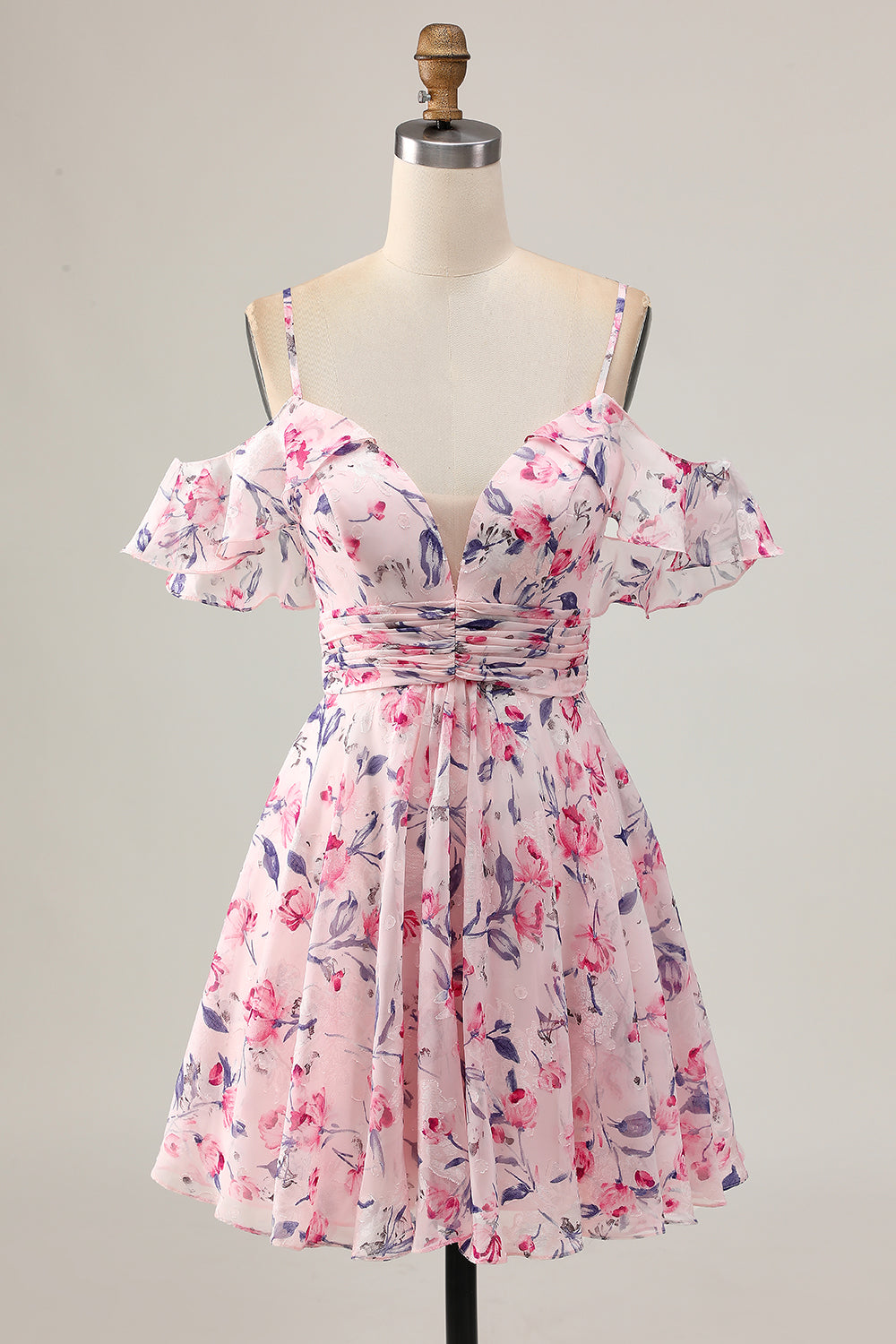 Cute A Line Cold Shoulder Floral Pink Homecoming Dress