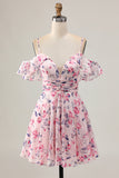 Cute A Line Cold Shoulder Floral Pink Homecoming Dress