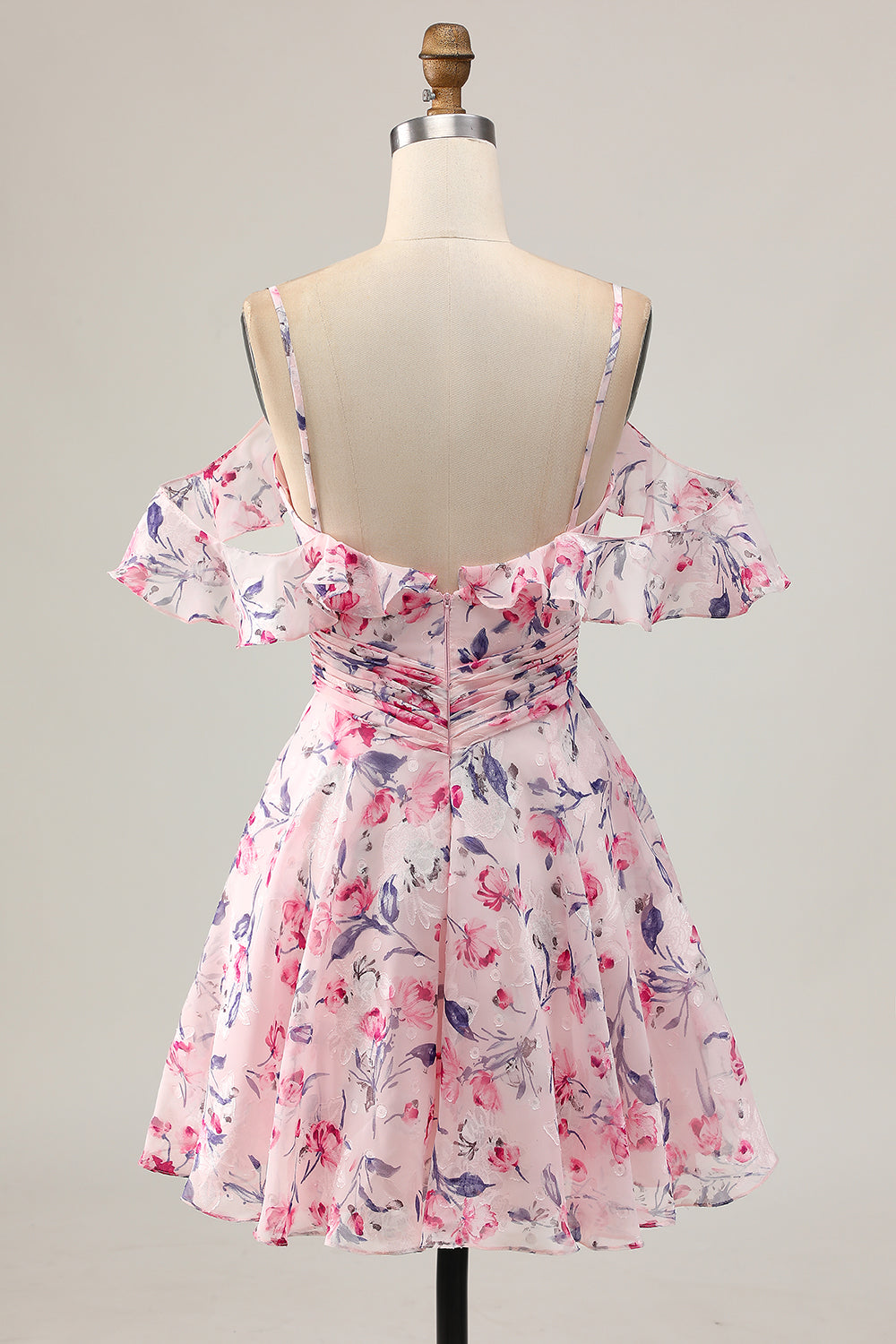 Cute A Line Cold Shoulder Floral Pink Homecoming Dress