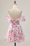 Cute A Line Cold Shoulder Floral Pink Homecoming Dress