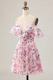 Cute A Line Cold Shoulder Floral Pink Homecoming Dress