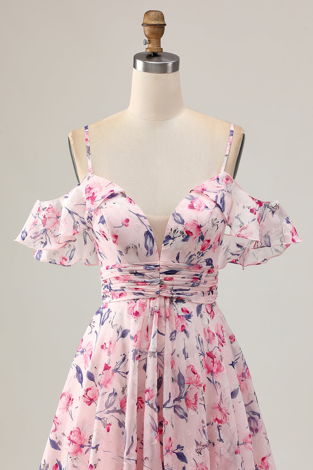 Cute A Line Cold Shoulder Floral Pink Homecoming Dress