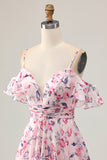 Cute A Line Cold Shoulder Floral Pink Homecoming Dress