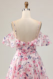 Cute A Line Cold Shoulder Floral Pink Homecoming Dress