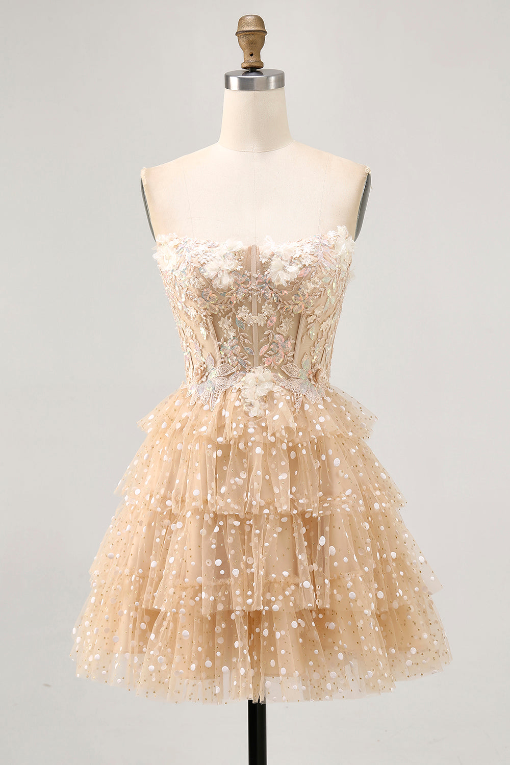 Champagne A Line Corset Strapless Homecoming Dress with Appliques