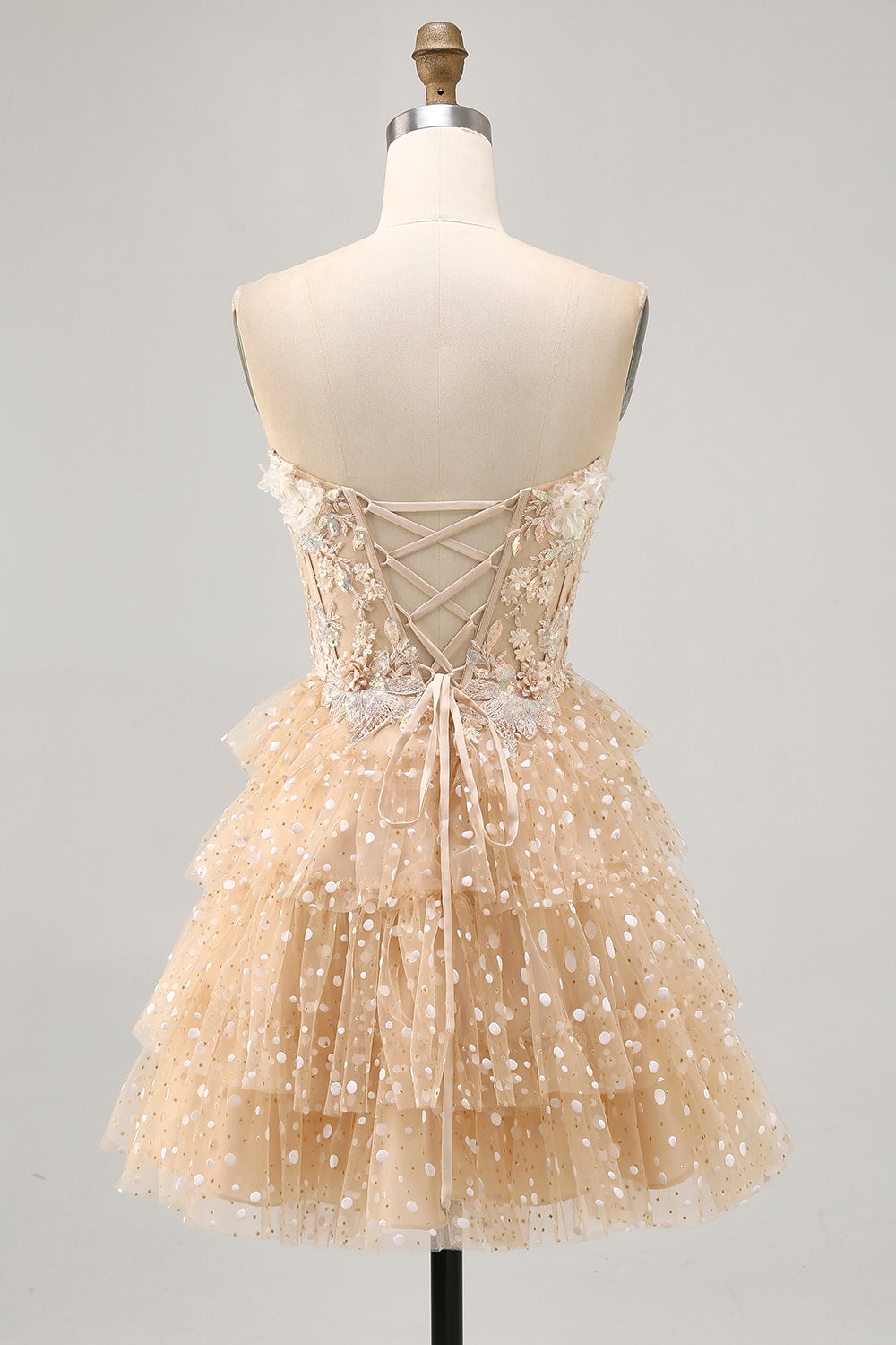 Champagne A Line Corset Strapless Homecoming Dress with Appliques