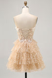 Champagne A Line Corset Strapless Homecoming Dress with Appliques