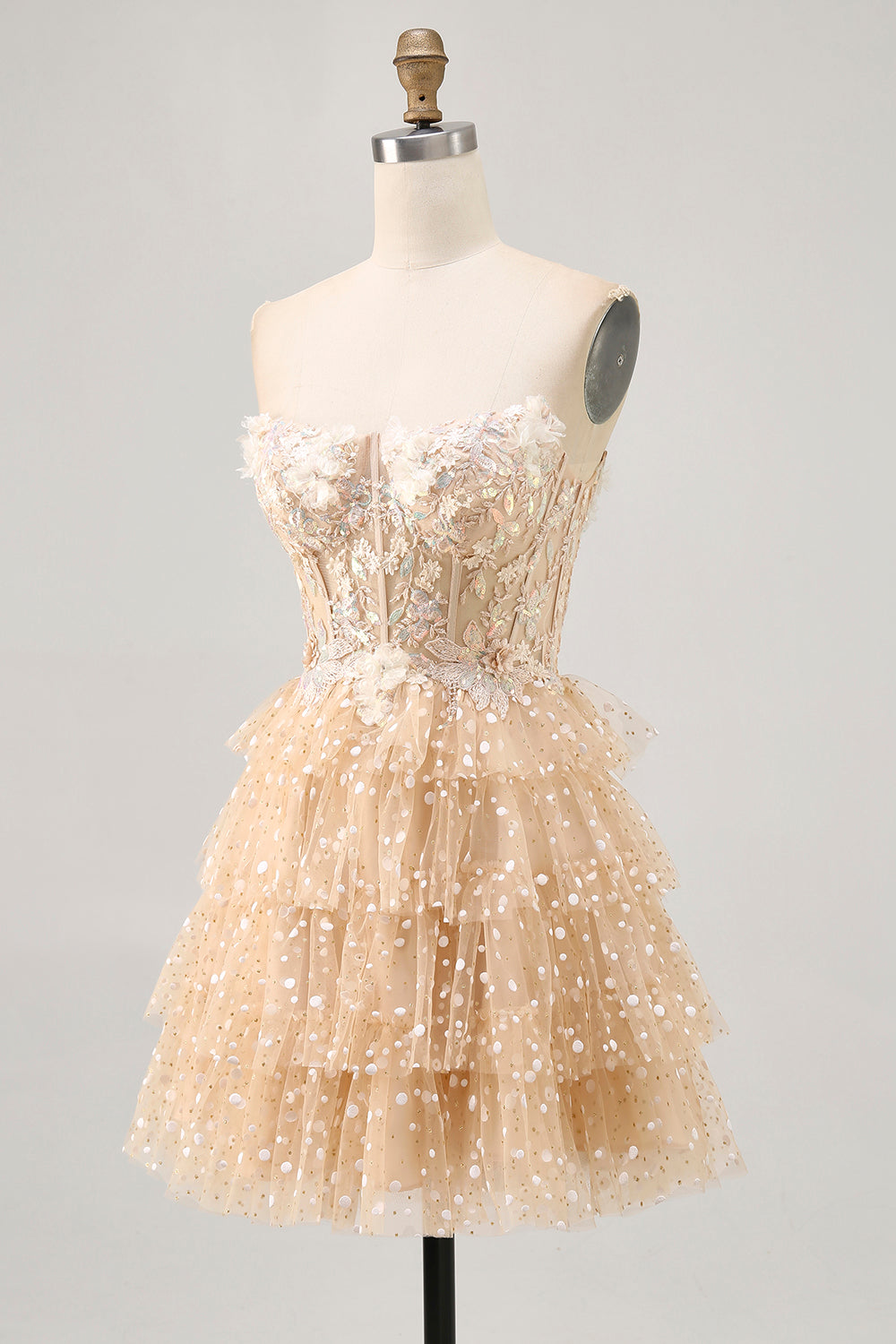 Champagne A Line Corset Strapless Homecoming Dress with Appliques