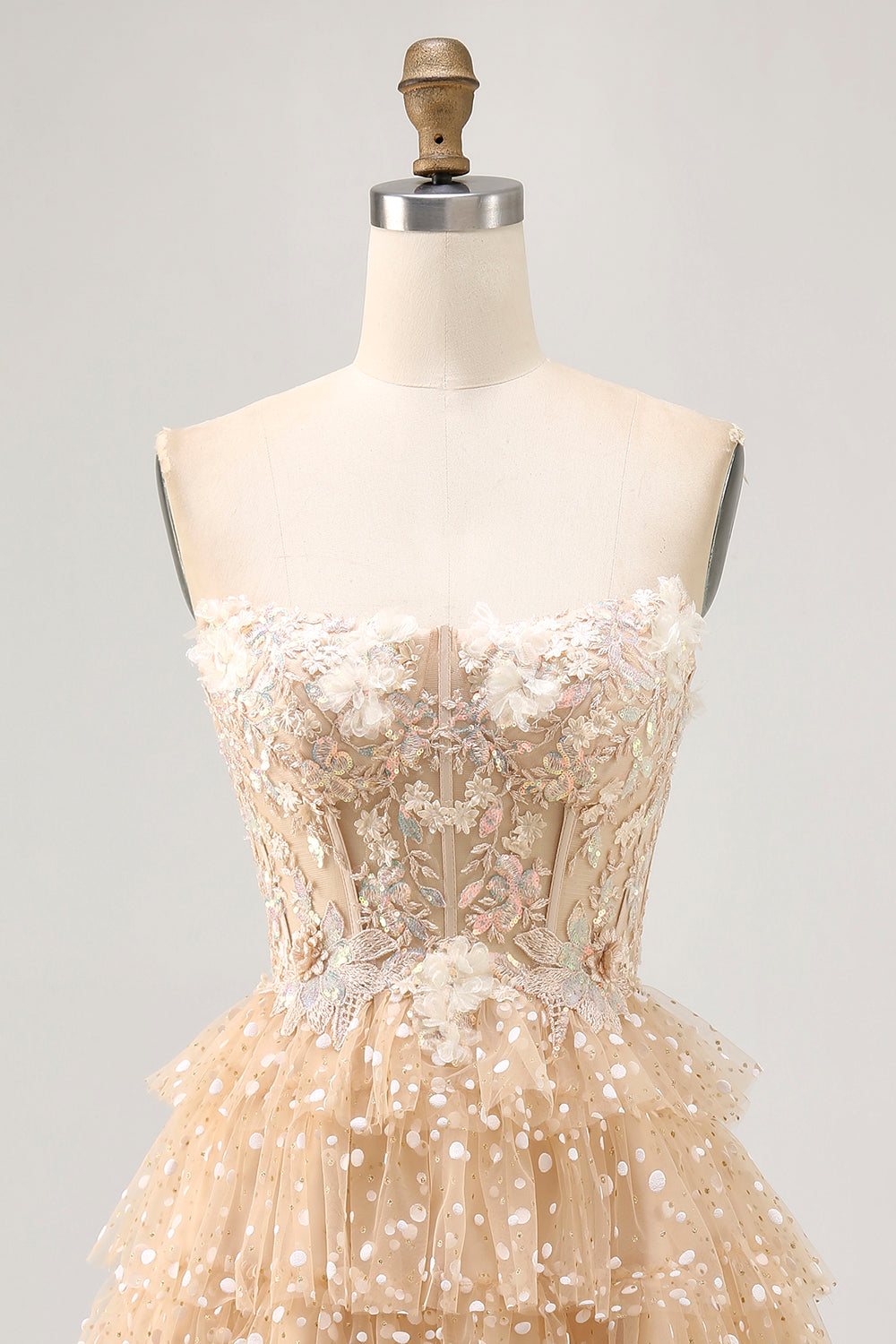 Champagne A Line Corset Strapless Homecoming Dress with Appliques