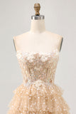 Champagne A Line Corset Strapless Homecoming Dress with Appliques