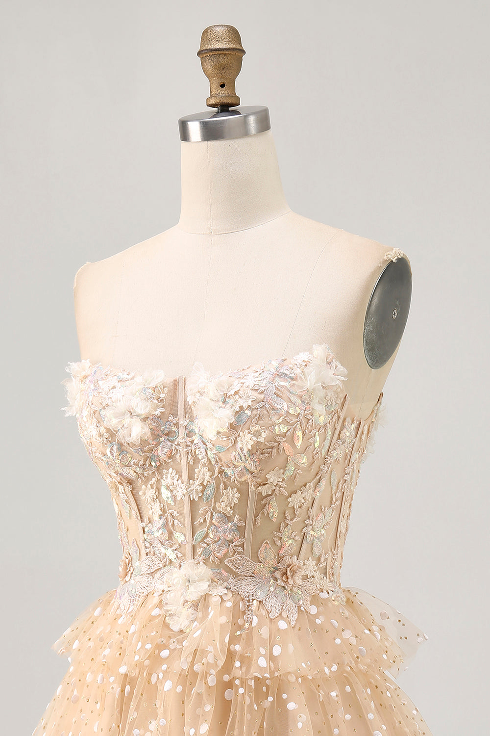Champagne A Line Corset Strapless Homecoming Dress with Appliques