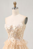 Champagne A Line Corset Strapless Homecoming Dress with Appliques