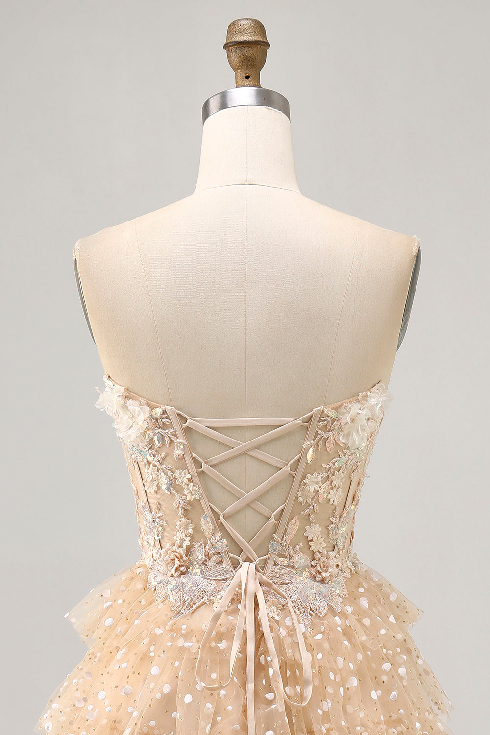 Champagne A Line Corset Strapless Homecoming Dress with Appliques