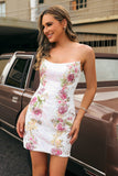 White Flower Strapless Bodycon Homecoming Dress With Sequins