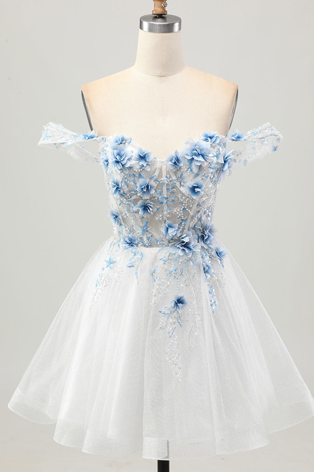 White A Line Corset Off the Shoulder Homecoming Dress with 3D Flowers