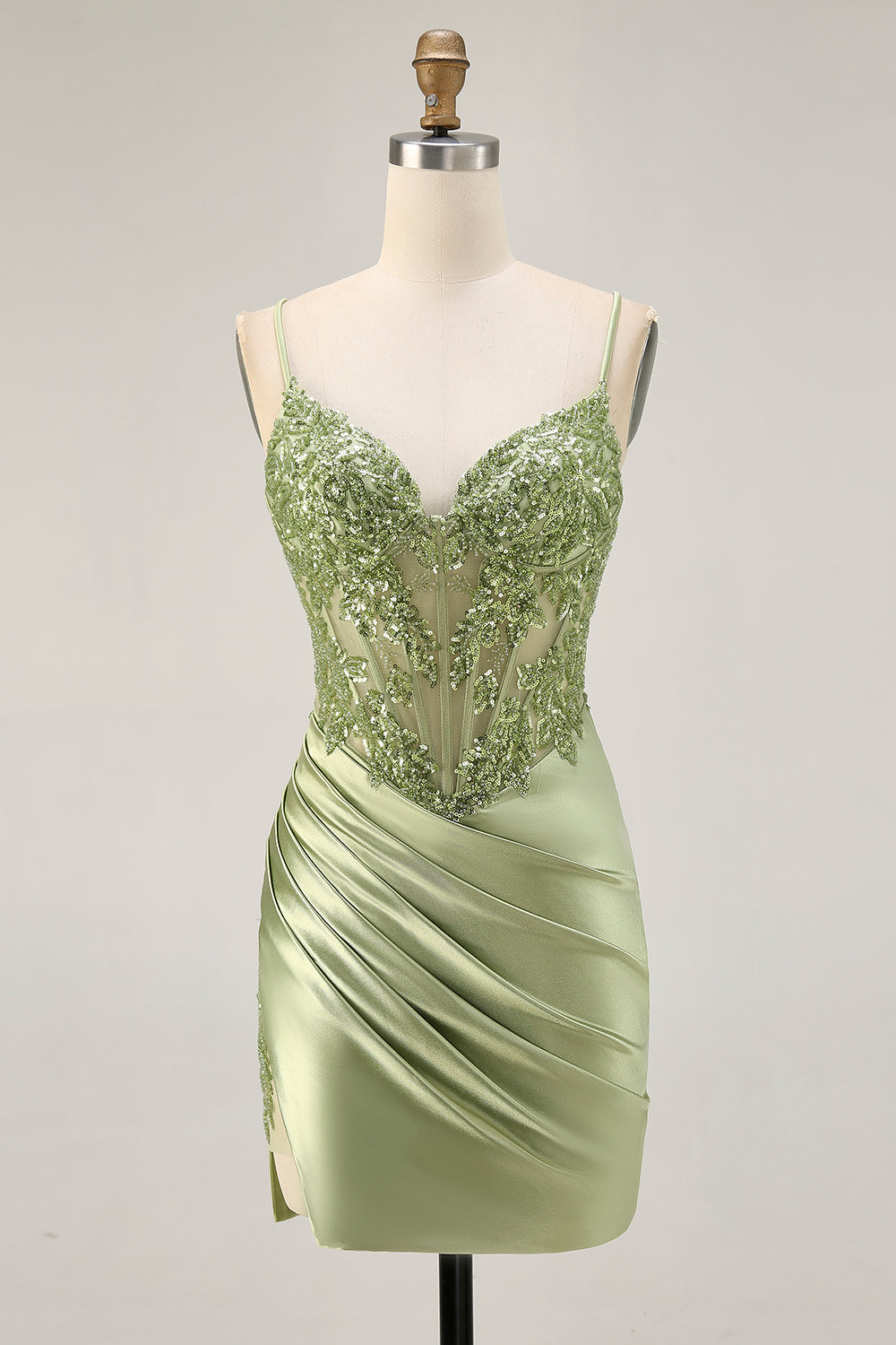 Corset Satin Bodycon Sage Green Homecoming Dress With Sequins