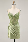 Corset Satin Bodycon Sage Green Homecoming Dress With Sequins