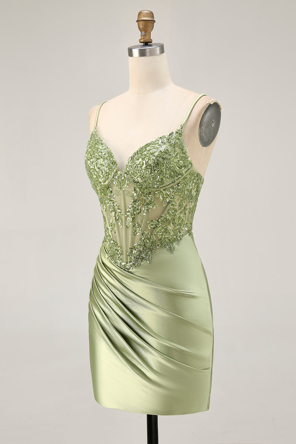 Corset Satin Bodycon Sage Green Homecoming Dress With Sequins
