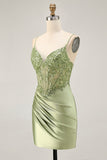 Corset Satin Bodycon Sage Green Homecoming Dress With Sequins