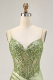 Corset Satin Bodycon Sage Green Homecoming Dress With Sequins