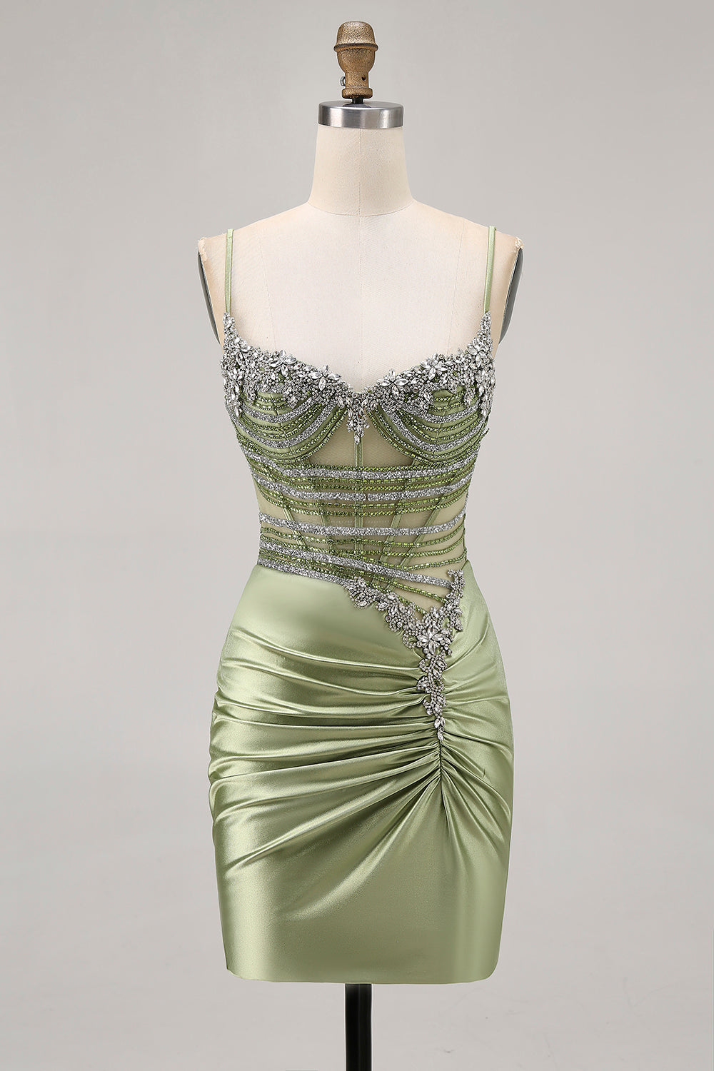 Sage Green Beaded Corset Ruched Tight Homecoming Dress with Rhinestones