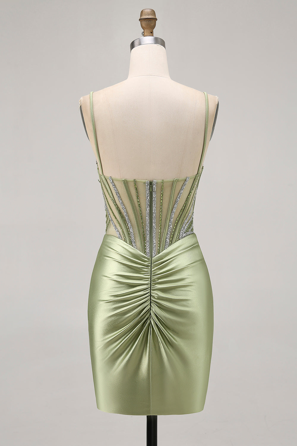 Sage Green Beaded Corset Ruched Tight Homecoming Dress with Rhinestones