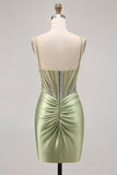 Sage Green Beaded Corset Ruched Tight Homecoming Dress with Rhinestones