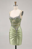 Sage Green Beaded Corset Ruched Tight Homecoming Dress with Rhinestones