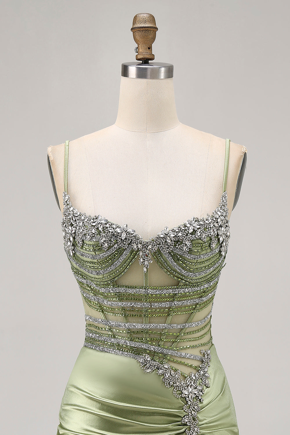 Sage Green Beaded Corset Ruched Tight Homecoming Dress with Rhinestones