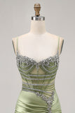 Sage Green Beaded Corset Ruched Tight Homecoming Dress with Rhinestones