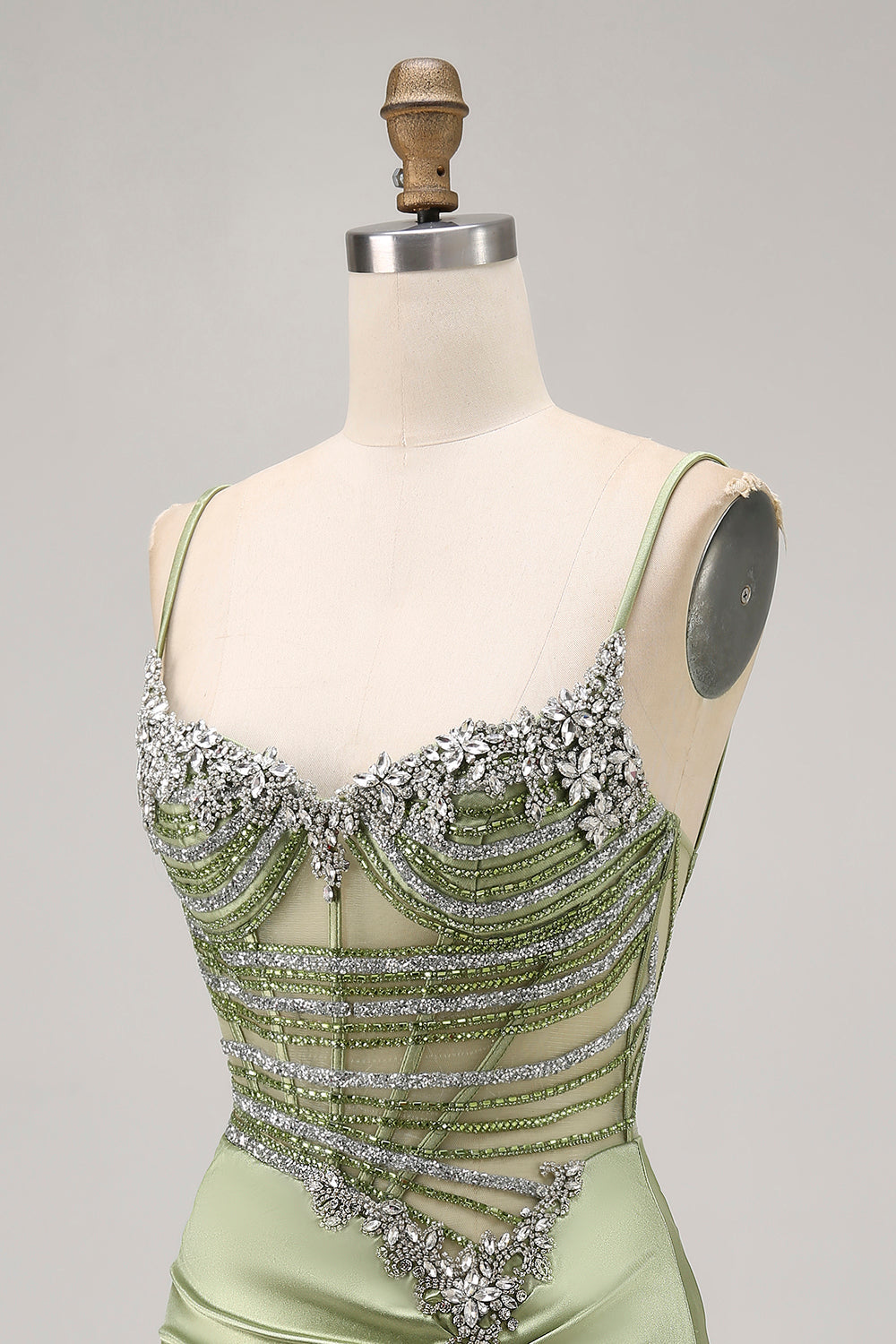Sage Green Beaded Corset Ruched Tight Homecoming Dress with Rhinestones