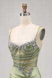 Sage Green Beaded Corset Ruched Tight Homecoming Dress with Rhinestones