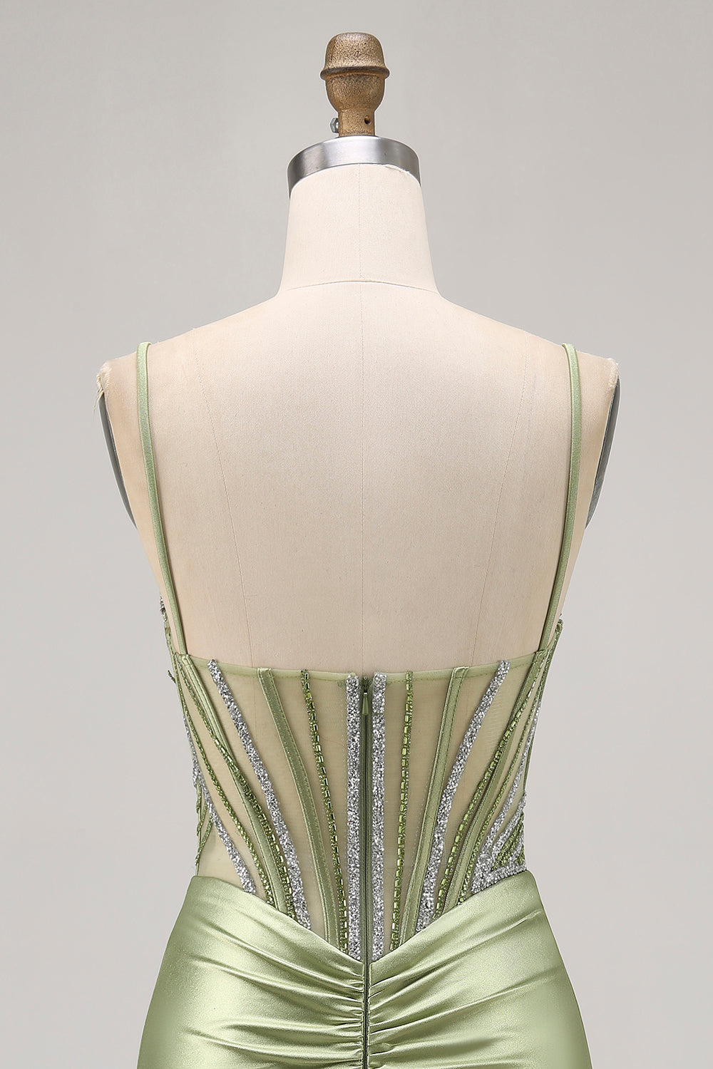 Sage Green Beaded Corset Ruched Tight Homecoming Dress with Rhinestones