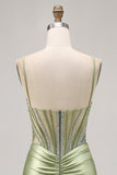 Sage Green Beaded Corset Ruched Tight Homecoming Dress with Rhinestones
