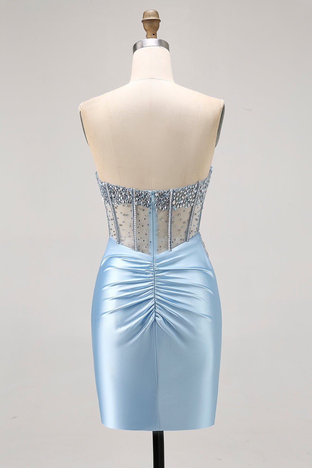 Blue Satin Tight Corset Strapless Homecoming Dress with Rhinestones