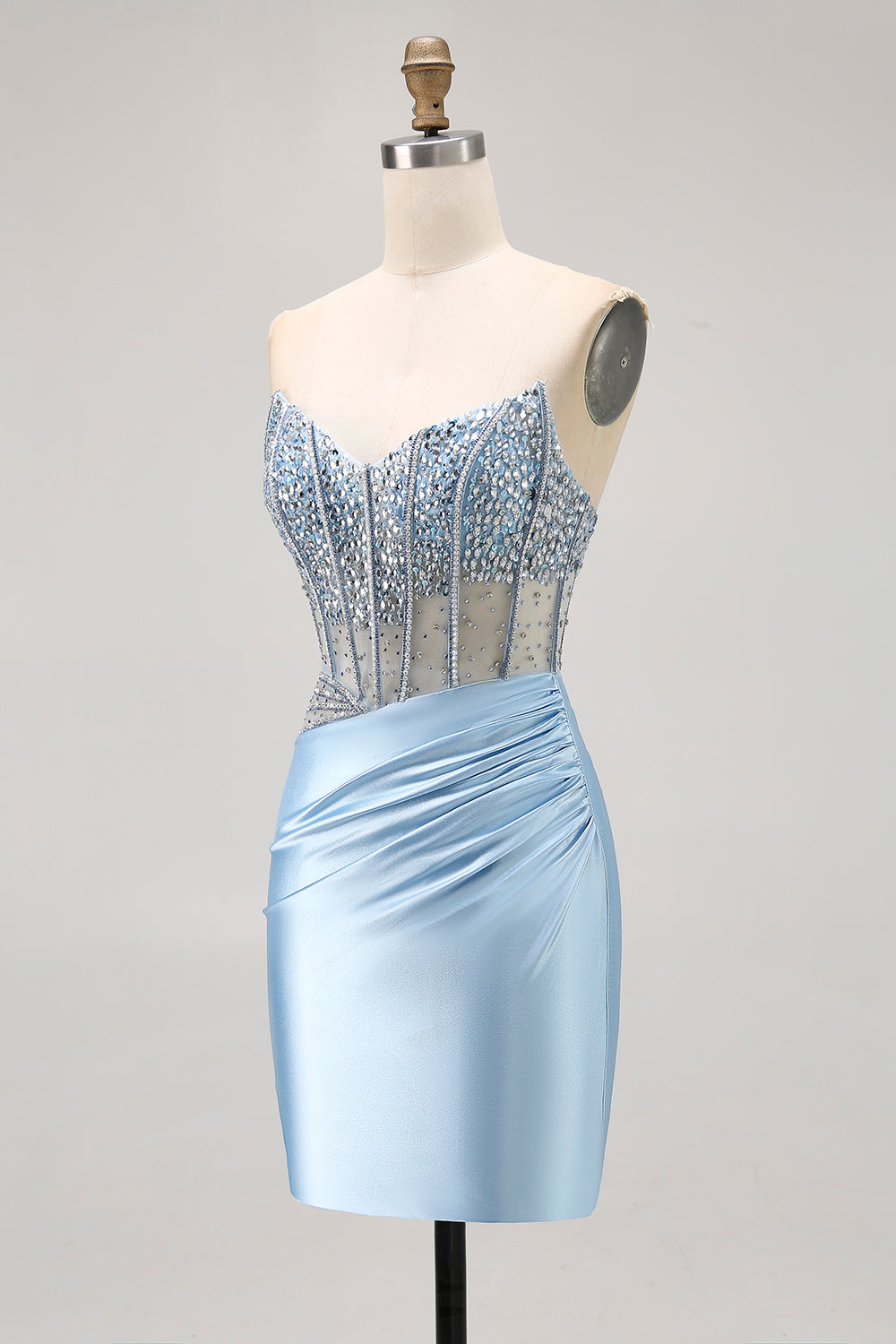 Blue Satin Tight Corset Strapless Homecoming Dress with Rhinestones