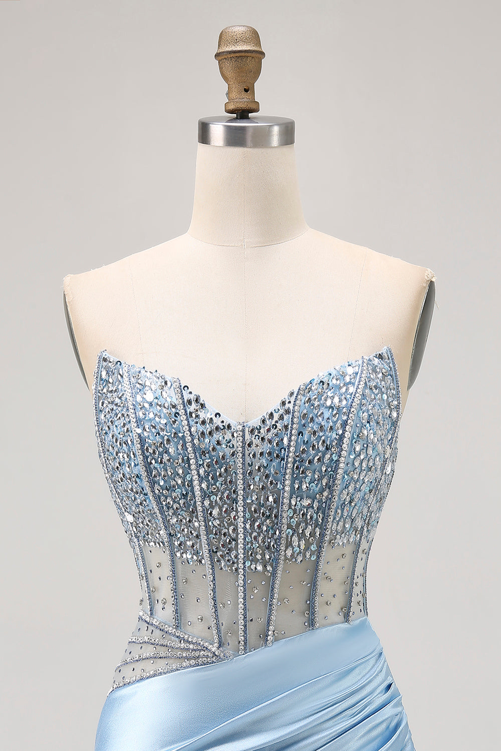 Blue Satin Tight Corset Strapless Homecoming Dress with Rhinestones