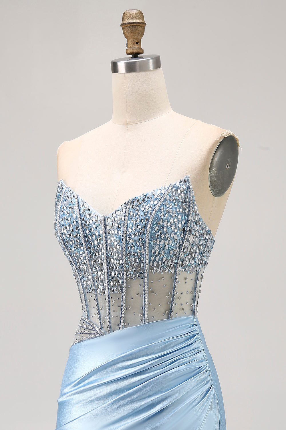 Blue Satin Tight Corset Strapless Homecoming Dress with Rhinestones
