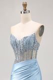 Blue Satin Tight Corset Strapless Homecoming Dress with Rhinestones