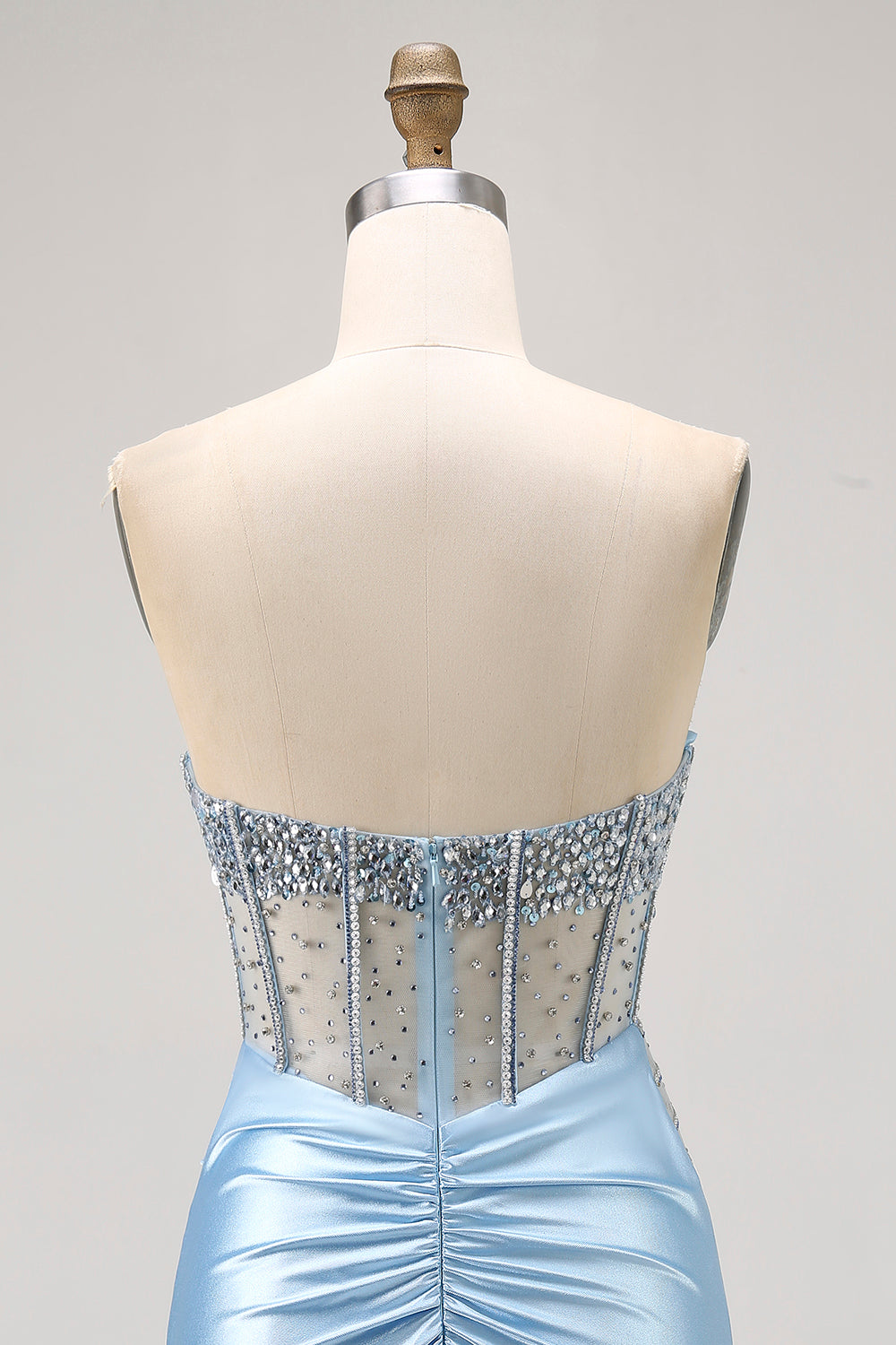 Blue Satin Tight Corset Strapless Homecoming Dress with Rhinestones
