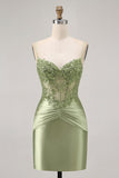 Green Corset Satin Bodycon Homecoming Dress with Sequins