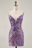 Sparkly Purple Strapless Tight Homecoming Dress